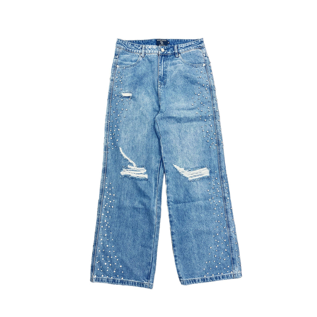 MIXED EMOTION Distressed Rivet Wide‑Leg Jeans