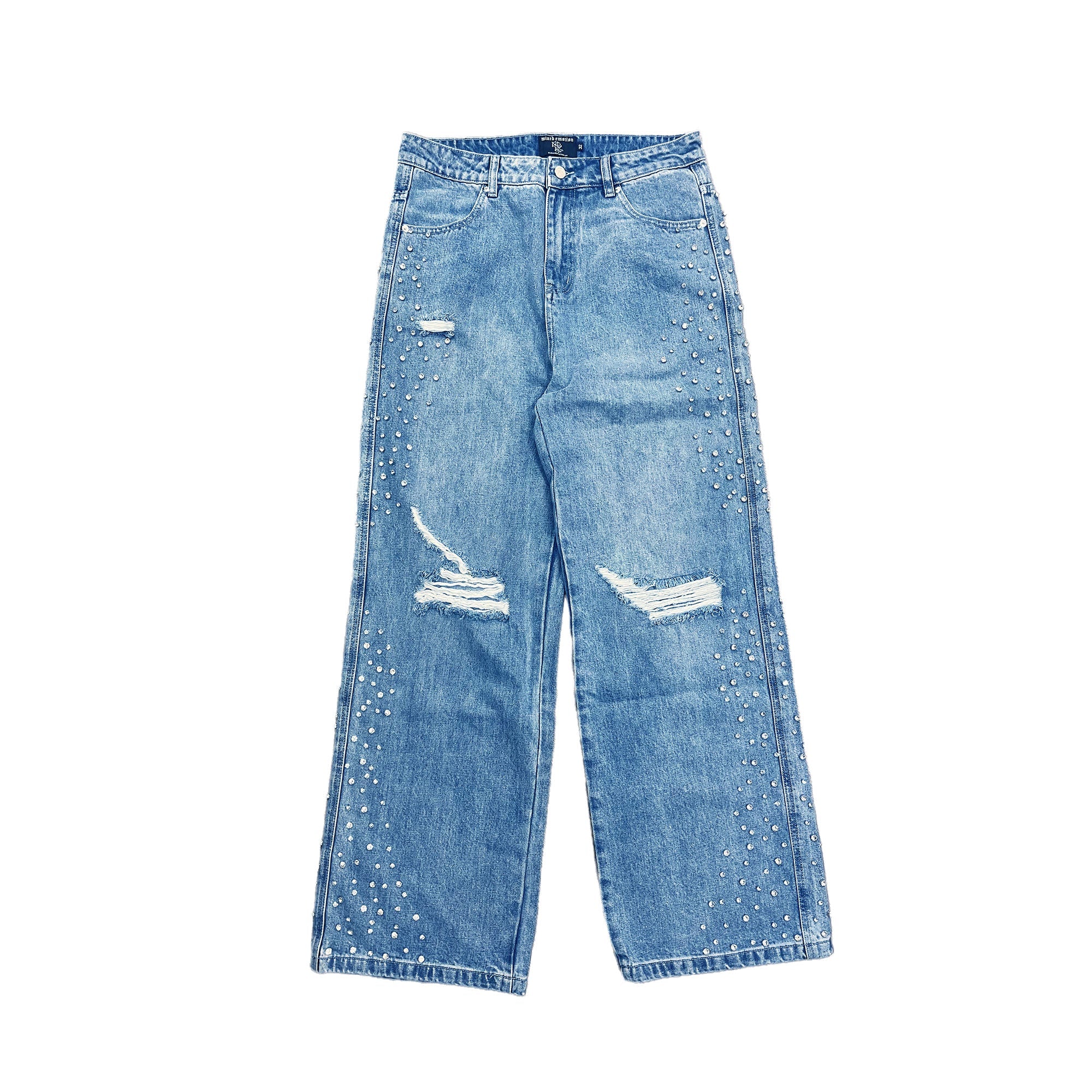 MIXED EMOTION Distressed Rivet Wide‑Leg Jeans