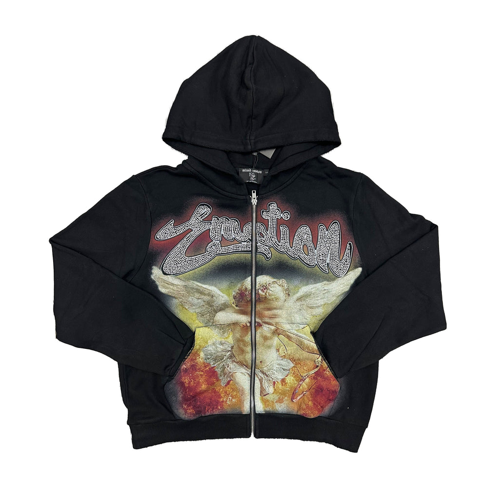 MIXED EMOTION Vintage Angel Rhinestone Zip‑Up Hoodie