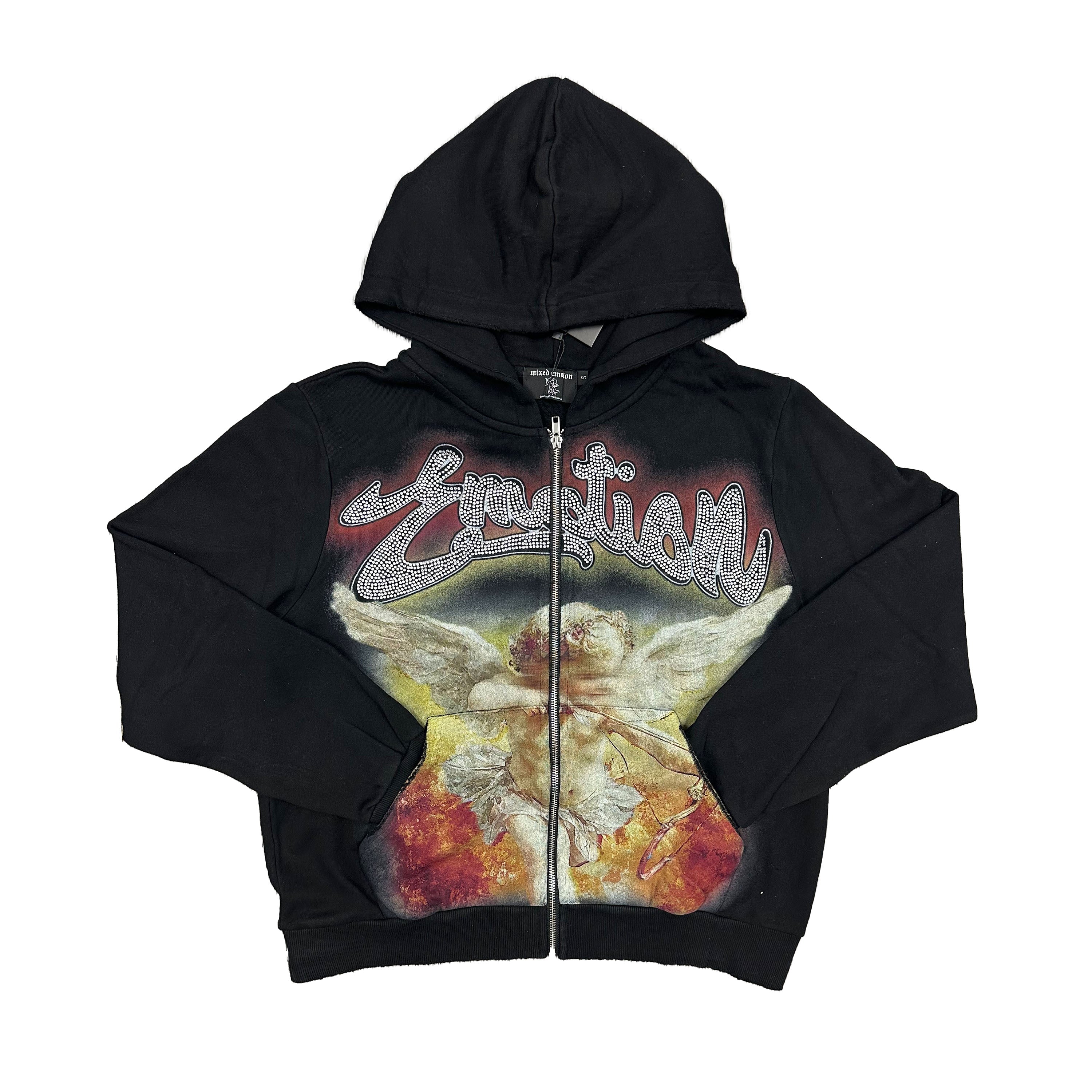 MIXED EMOTION Vintage Angel Rhinestone Zip‑Up Hoodie