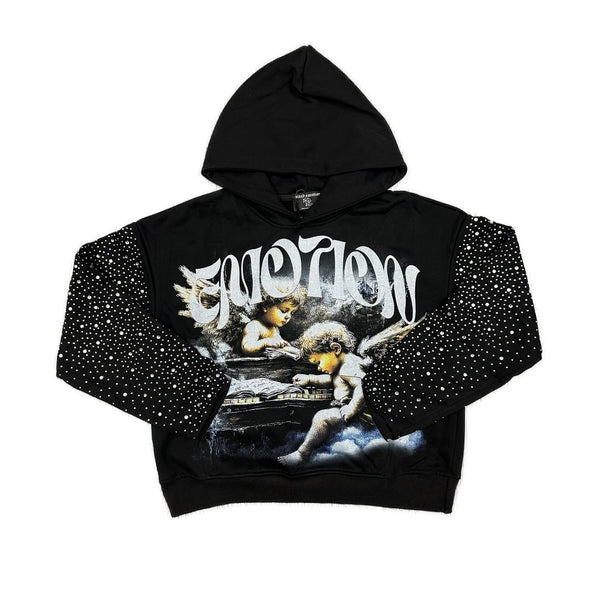 MIXED EMOTION Angel Graphic Rhinestone‑Sleeve Hoodie