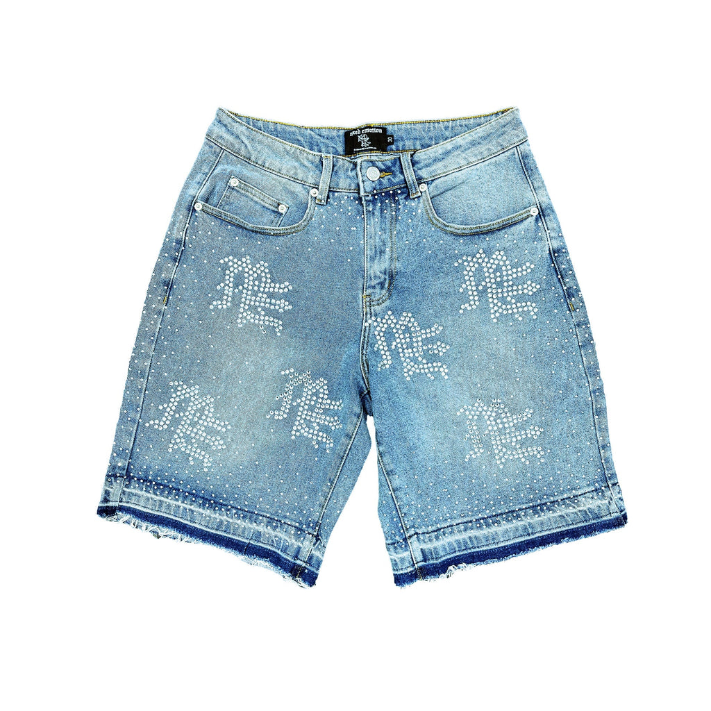MIXED EMOTION Rhinestone Light Wash Denim Shorts